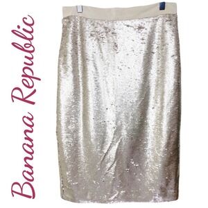 Banana Republic Sequin Pencil Skirt Silver Glam Party Occasion Size 8
